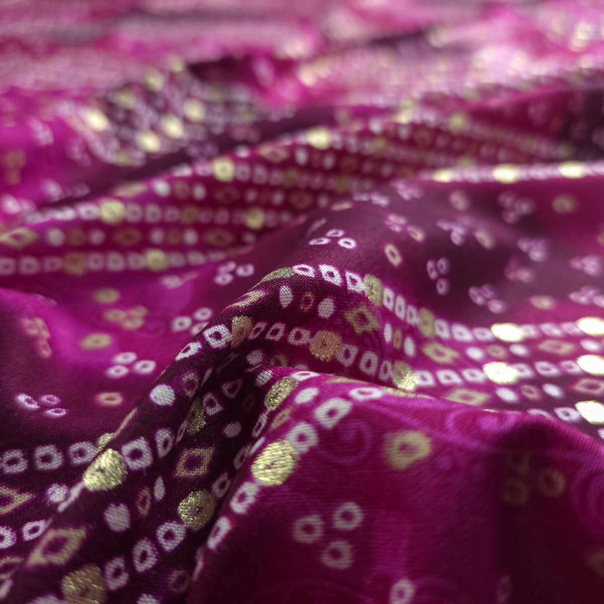 Bandhani Tie-Dye Inspired Foil Printed Rayon Fabric
