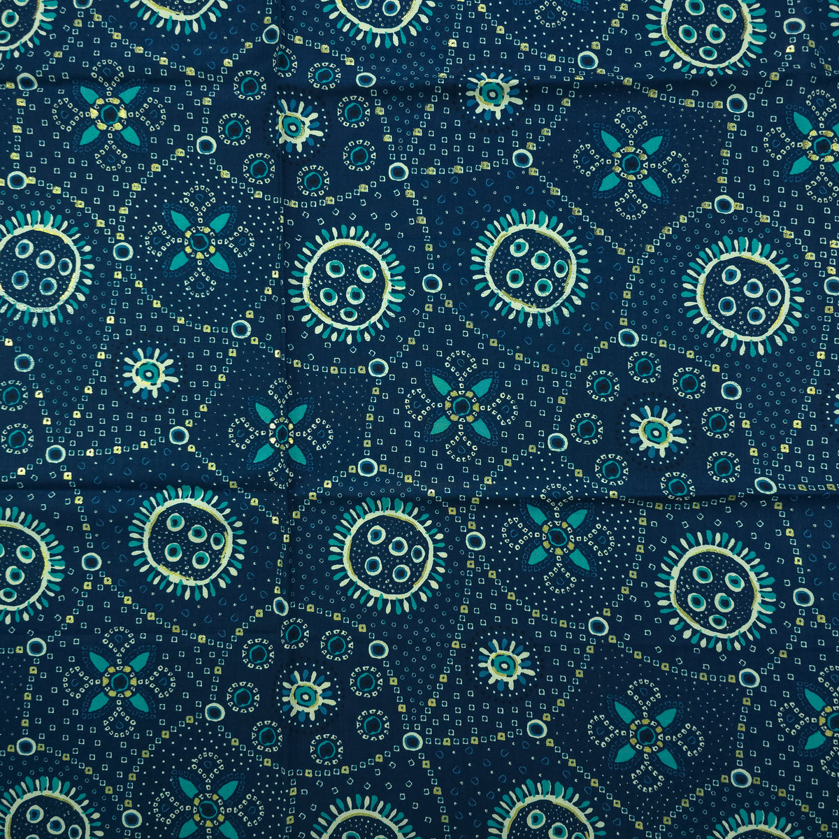 Sunburst Bandhani-Inspired Foil Printed Rayon Fabric - Teal Blue