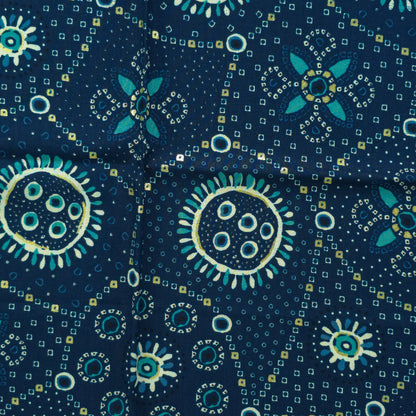 Sunburst Bandhani-Inspired Foil Printed Rayon Fabric - Teal Blue