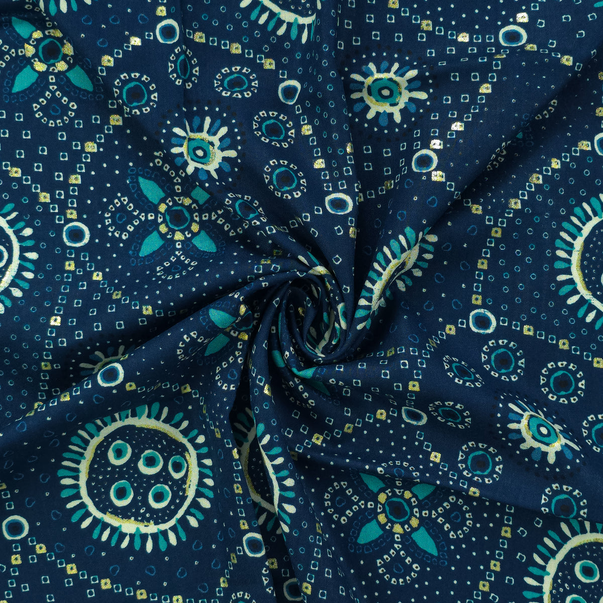 Sunburst Bandhani-Inspired Foil Printed Rayon Fabric - Teal Blue