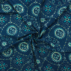 Sunburst Bandhani-Inspired Foil Printed Rayon Fabric - Teal Blue