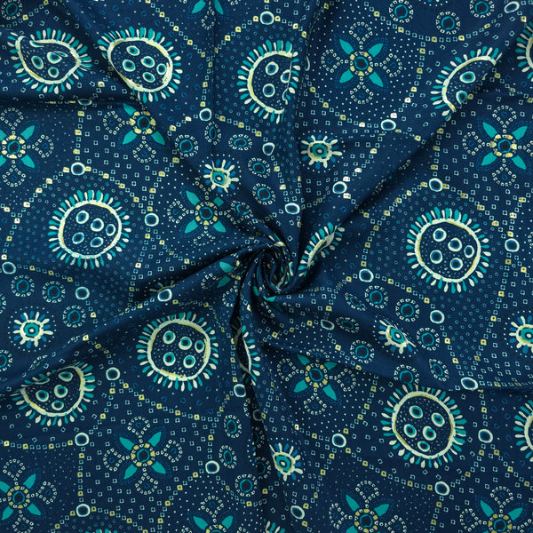 Sunburst Bandhani-Inspired Foil Printed Rayon Fabric - Teal Blue