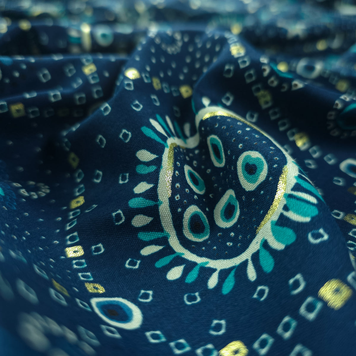 Sunburst Bandhani-Inspired Foil Printed Rayon Fabric - Teal Blue