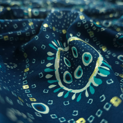 Sunburst Bandhani-Inspired Foil Printed Rayon Fabric - Teal Blue