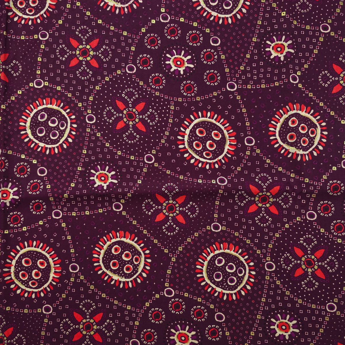 Sunburst Bandhani-Inspired Foil Printed Rayon Fabric - Purple