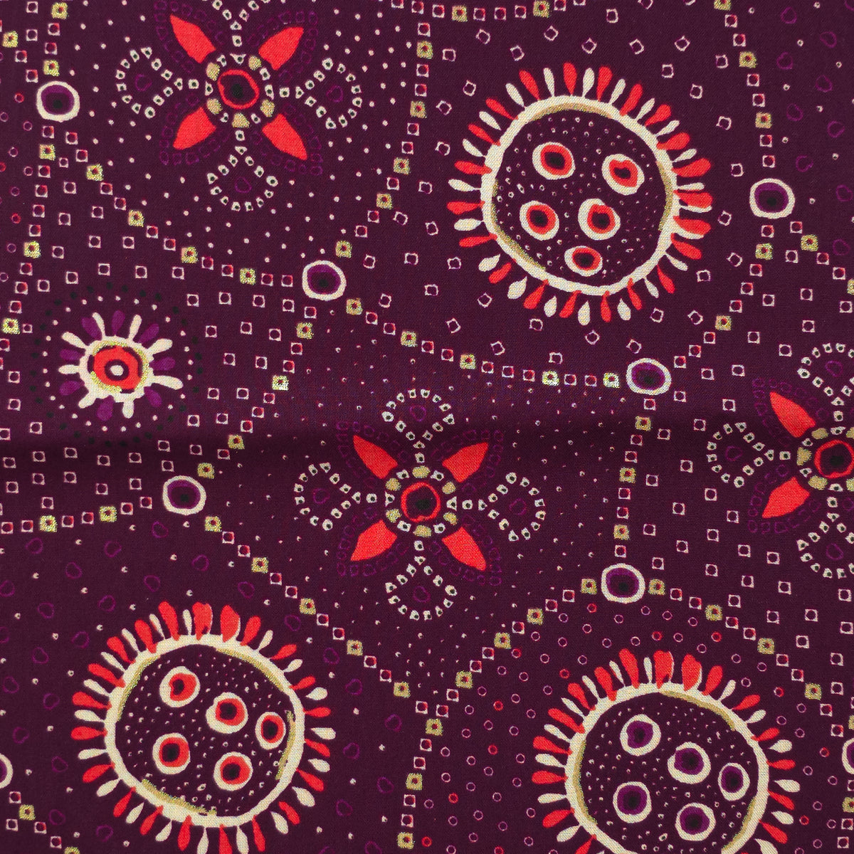 Sunburst Bandhani-Inspired Foil Printed Rayon Fabric - Purple