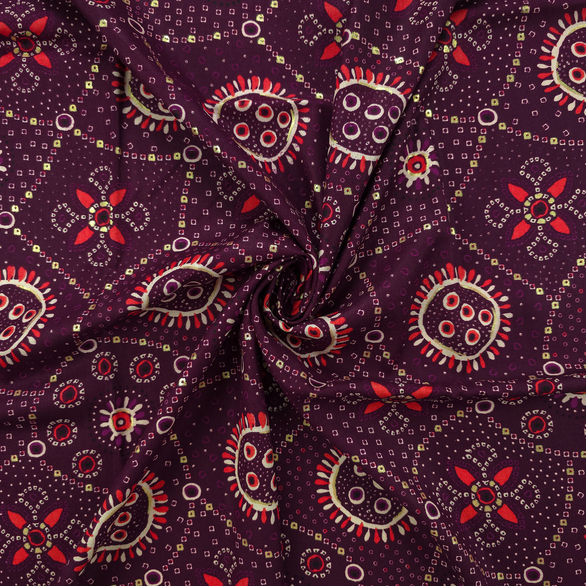 Sunburst Bandhani-Inspired Foil Printed Rayon Fabric - Purple