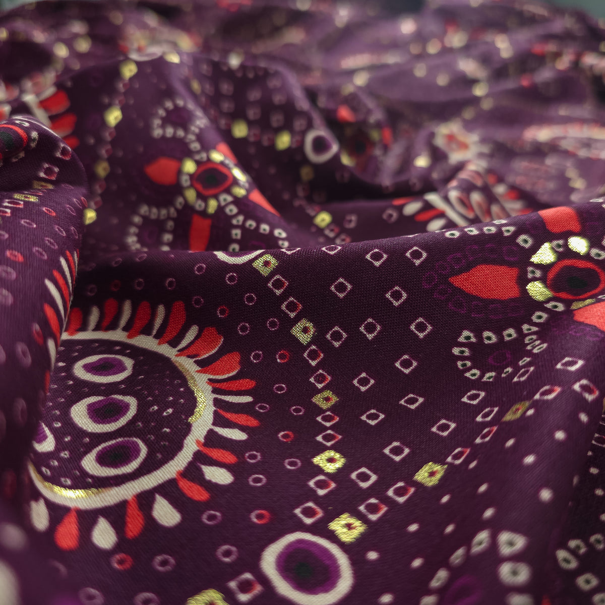 Sunburst Bandhani-Inspired Foil Printed Rayon Fabric - Purple