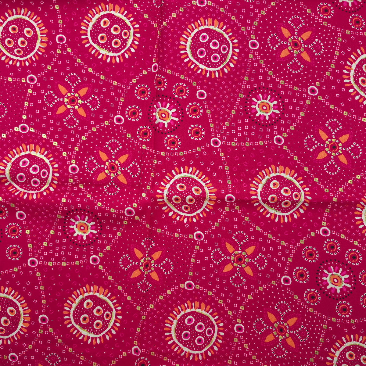 Sunburst Bandhani-Inspired Foil Printed Rayon Fabric - Pink