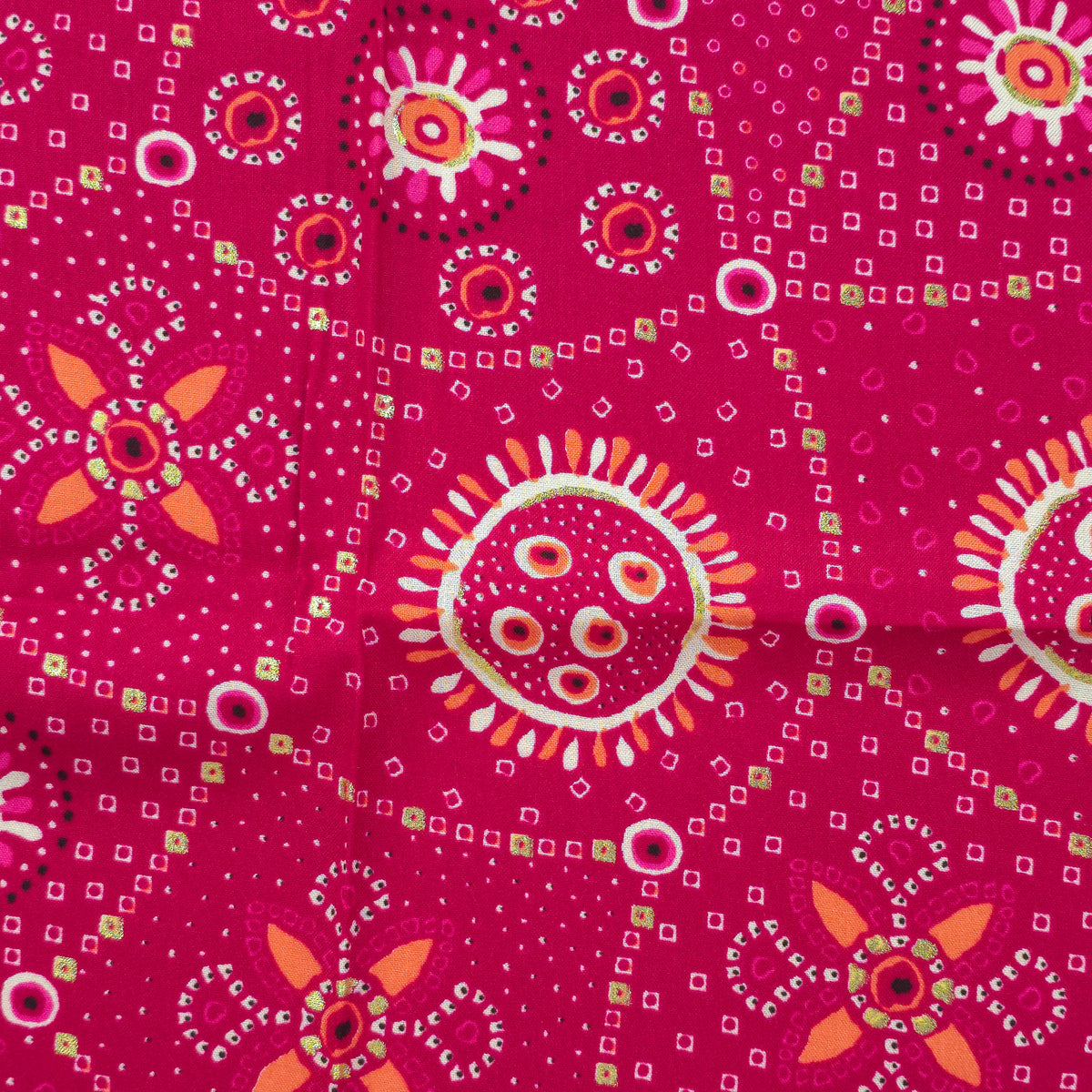 Sunburst Bandhani-Inspired Foil Printed Rayon Fabric - Pink