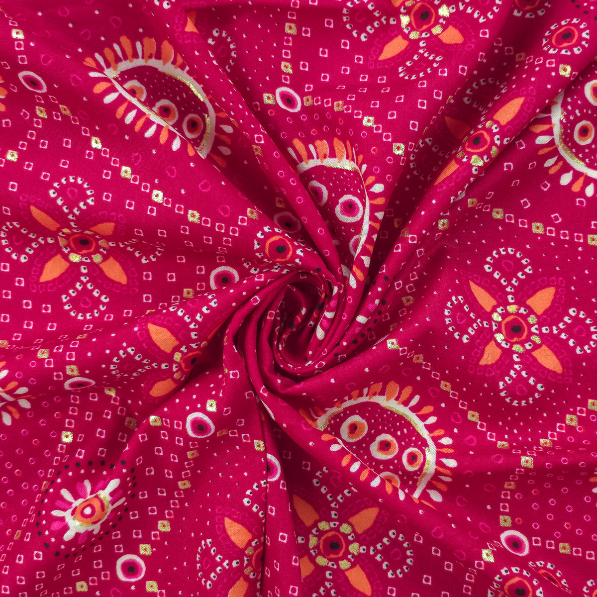 Sunburst Bandhani-Inspired Foil Printed Rayon Fabric - Pink
