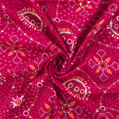 Sunburst Bandhani-Inspired Foil Printed Rayon Fabric - Pink