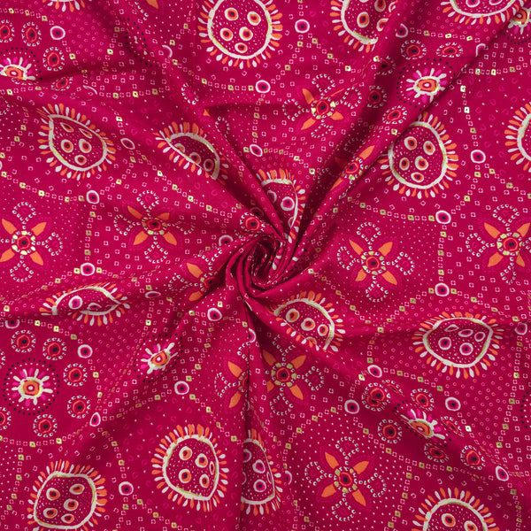Sunburst Bandhani-Inspired Foil Printed Rayon Fabric - Pink