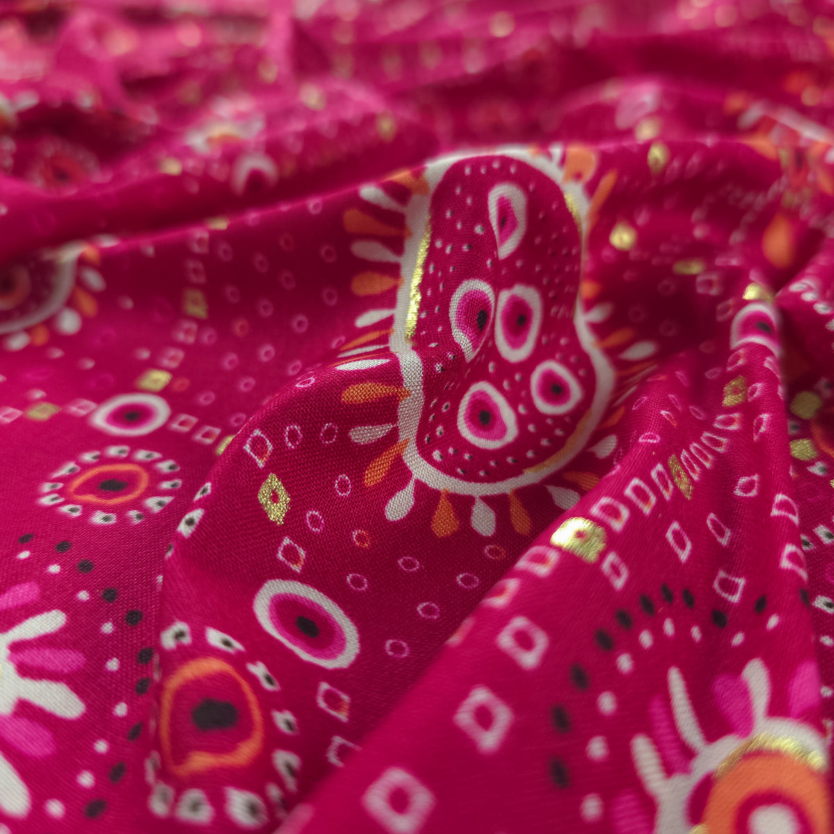 Sunburst Bandhani-Inspired Foil Printed Rayon Fabric - Pink
