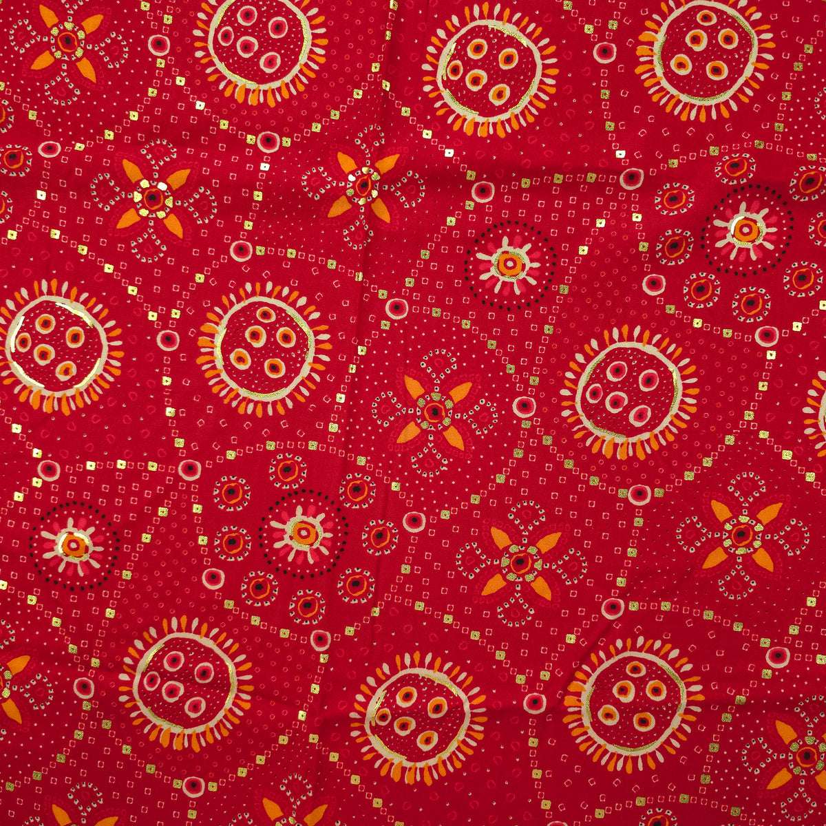 Sunburst Bandhani-Inspired Foil Printed Rayon Fabric - Red