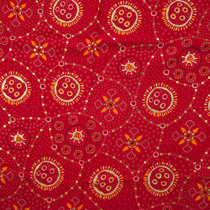 Sunburst Bandhani-Inspired Foil Printed Rayon Fabric - Red