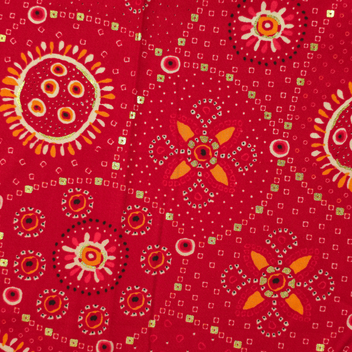 Sunburst Bandhani-Inspired Foil Printed Rayon Fabric - Red