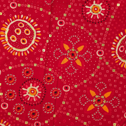 Sunburst Bandhani-Inspired Foil Printed Rayon Fabric - Red
