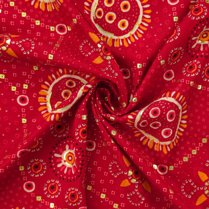 Sunburst Bandhani-Inspired Foil Printed Rayon Fabric - Red