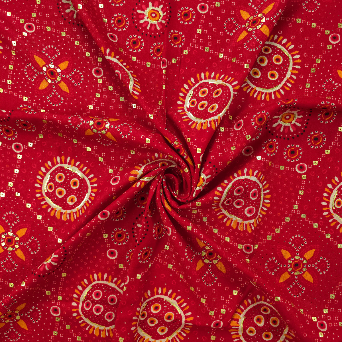 Sunburst Bandhani-Inspired Foil Printed Rayon Fabric - Red