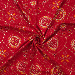 Sunburst Bandhani-Inspired Foil Printed Rayon Fabric - Red