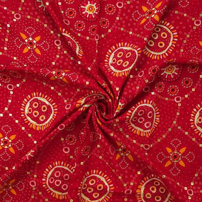 Sunburst Bandhani-Inspired Foil Printed Rayon Fabric - Red