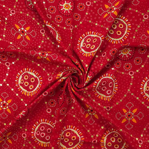 Sunburst Bandhani-Inspired Foil Printed Rayon Fabric - Red