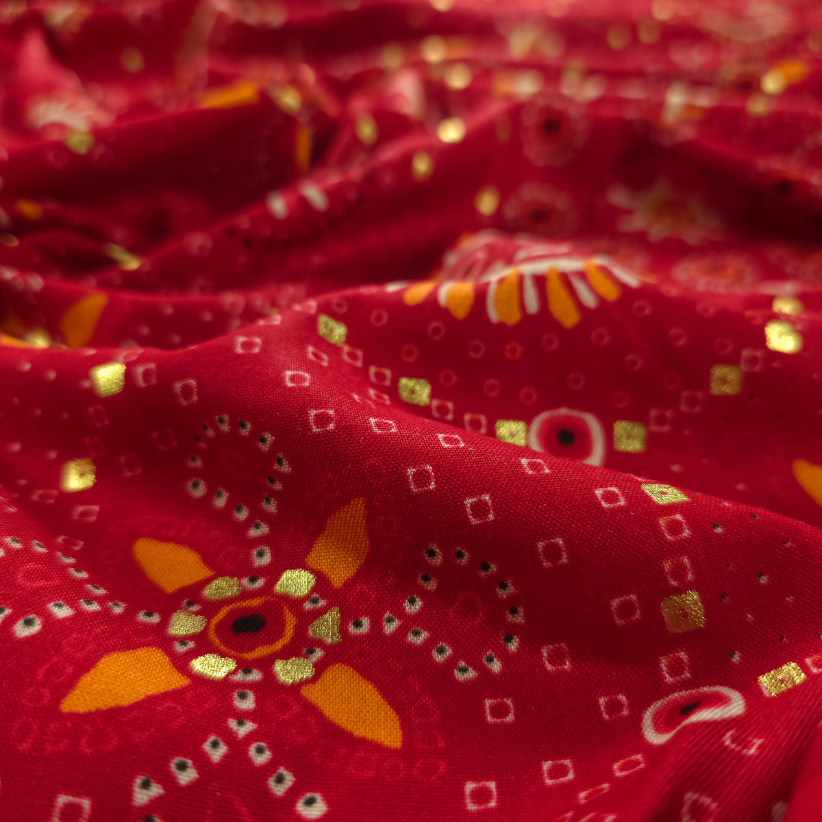 Sunburst Bandhani-Inspired Foil Printed Rayon Fabric - Red