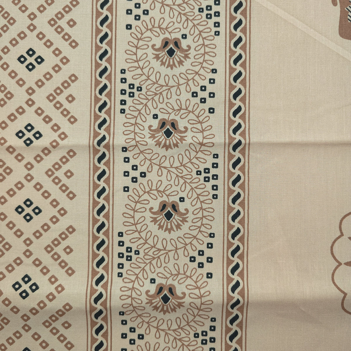 Elephant Garden Striped Dhabu Cotton Fabric - Cream