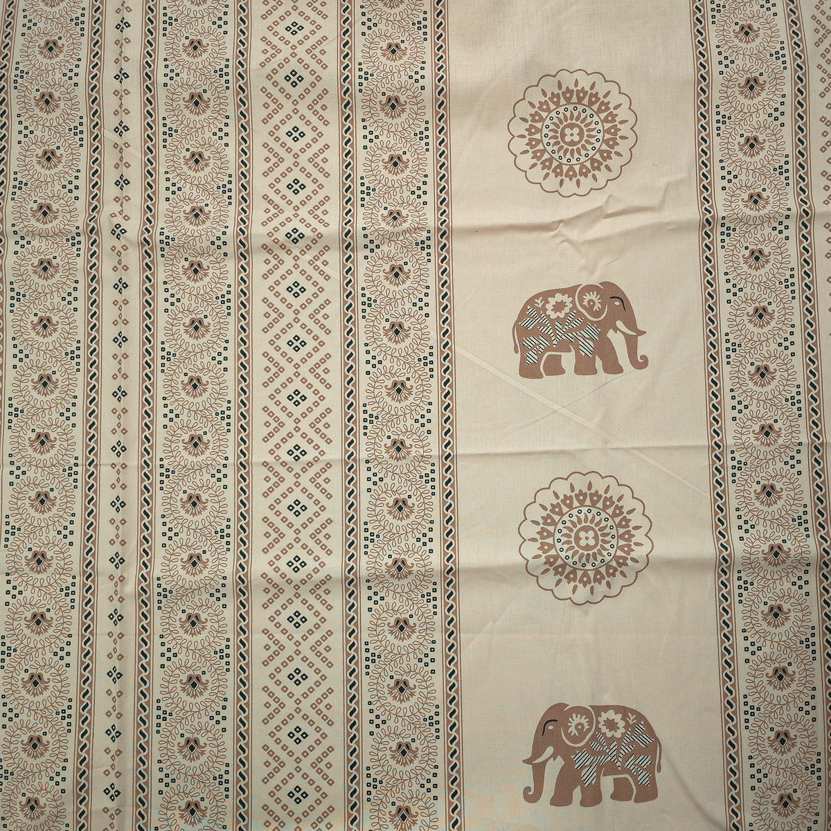 Elephant Garden Striped Dhabu Cotton Fabric - Cream