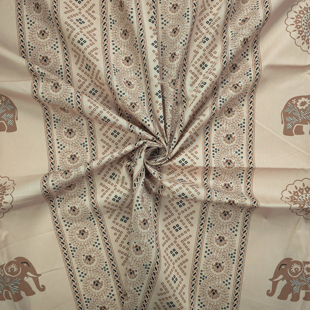 Elephant Garden Striped Dhabu Cotton Fabric - Cream