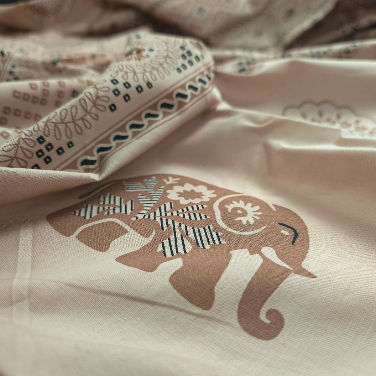 Elephant Garden Striped Dhabu Cotton Fabric - Cream
