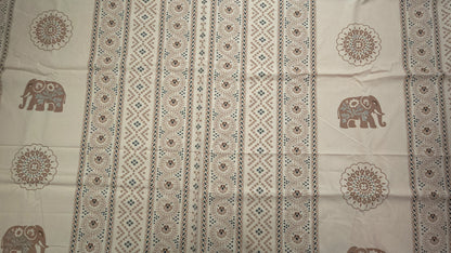 Elephant Garden Striped Dhabu Cotton Fabric - Cream