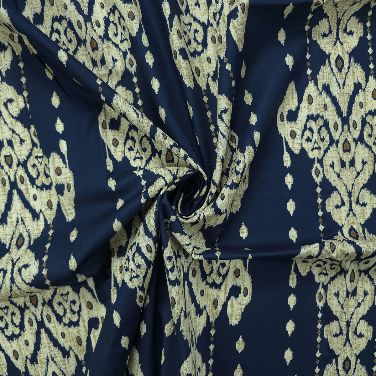 Ornate Geometric Damask Dhabu Cotton Fabric - Navy Blue