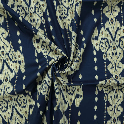 Ornate Geometric Damask Dhabu Cotton Fabric - Navy Blue