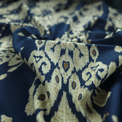Ornate Geometric Damask Dhabu Cotton Fabric - Navy Blue