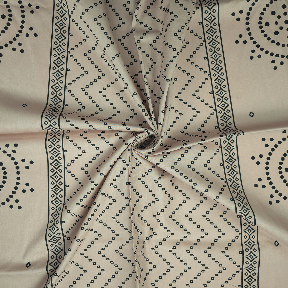 Geometric Medallion Dhabu Cotton Printed Fabric - Cream