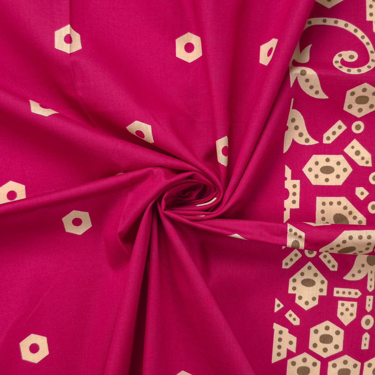 Ornamental Geometric Border Dhabu Cotton Fabric - Pink