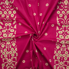 Ornamental Geometric Border Dhabu Cotton Fabric - Pink