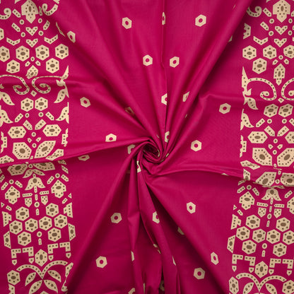Ornamental Geometric Border Dhabu Cotton Fabric - Pink