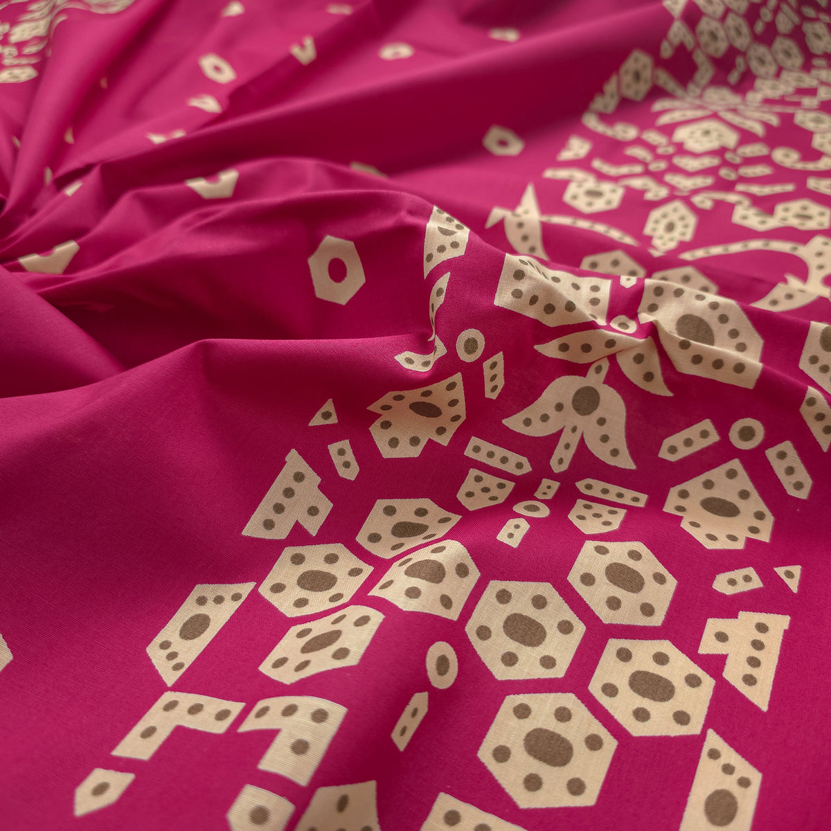 Ornamental Geometric Border Dhabu Cotton Fabric - Pink
