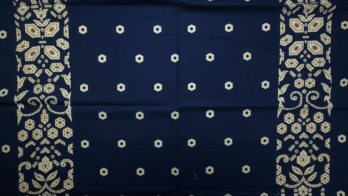 Ornamental Geometric Border Dhabu Cotton Fabric - Navy Blue