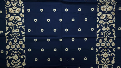 Ornamental Geometric Border Dhabu Cotton Fabric - Navy Blue