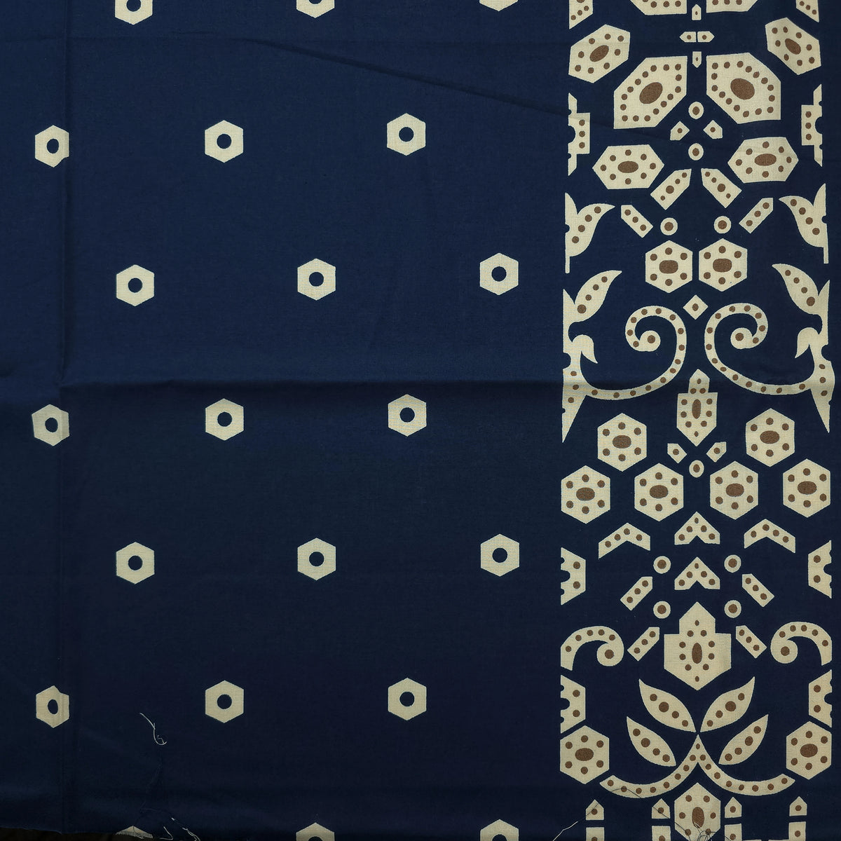 Ornamental Geometric Border Dhabu Cotton Fabric - Navy Blue