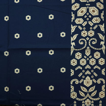 Ornamental Geometric Border Dhabu Cotton Fabric - Navy Blue