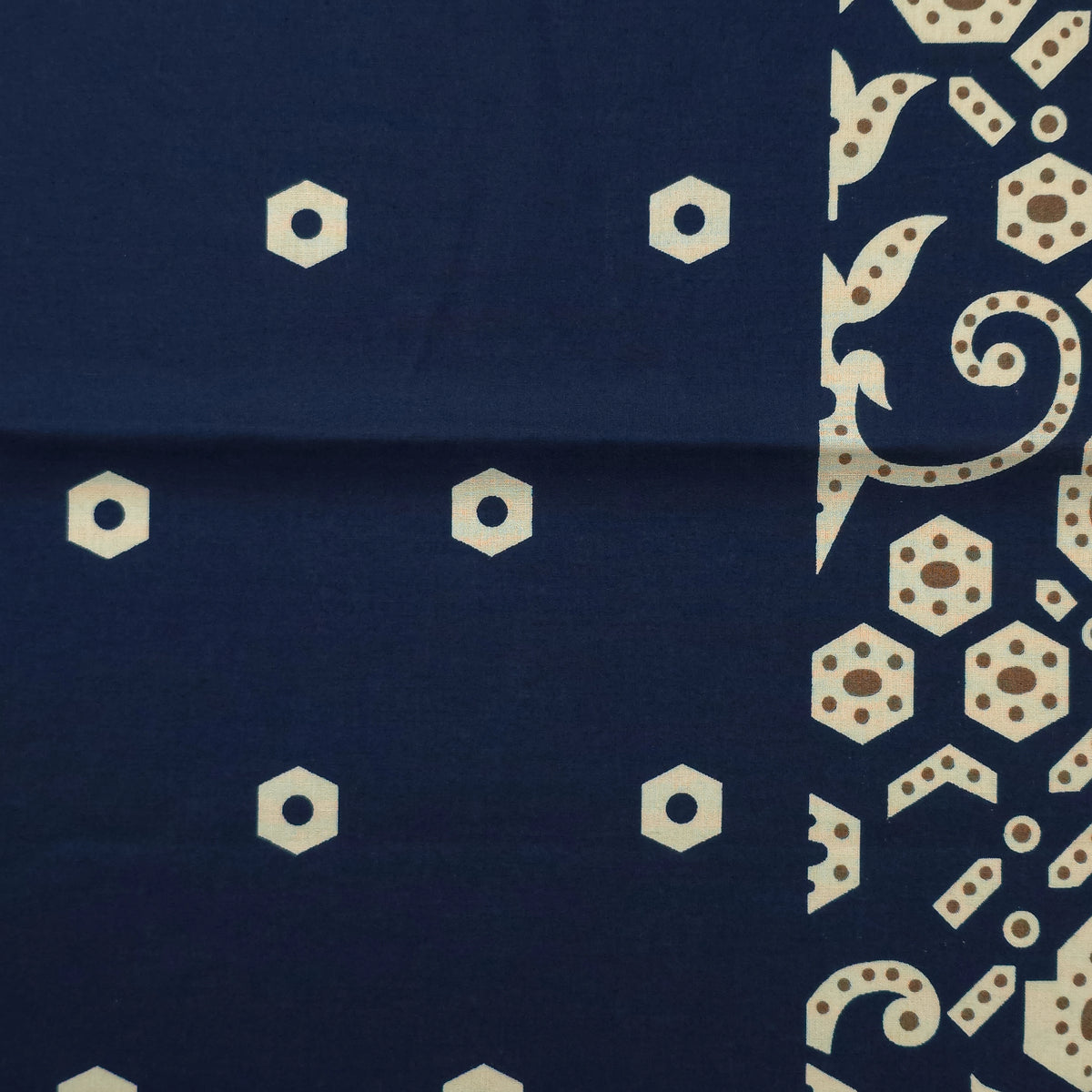 Ornamental Geometric Border Dhabu Cotton Fabric - Navy Blue