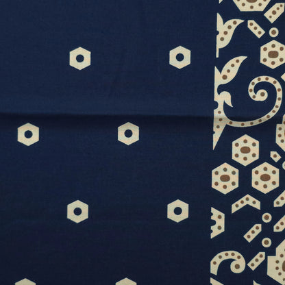 Ornamental Geometric Border Dhabu Cotton Fabric - Navy Blue