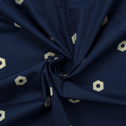 Ornamental Geometric Border Dhabu Cotton Fabric - Navy Blue