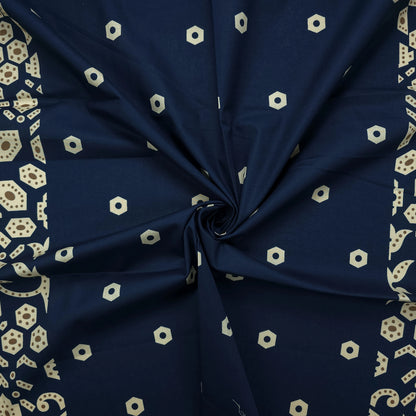 Ornamental Geometric Border Dhabu Cotton Fabric - Navy Blue