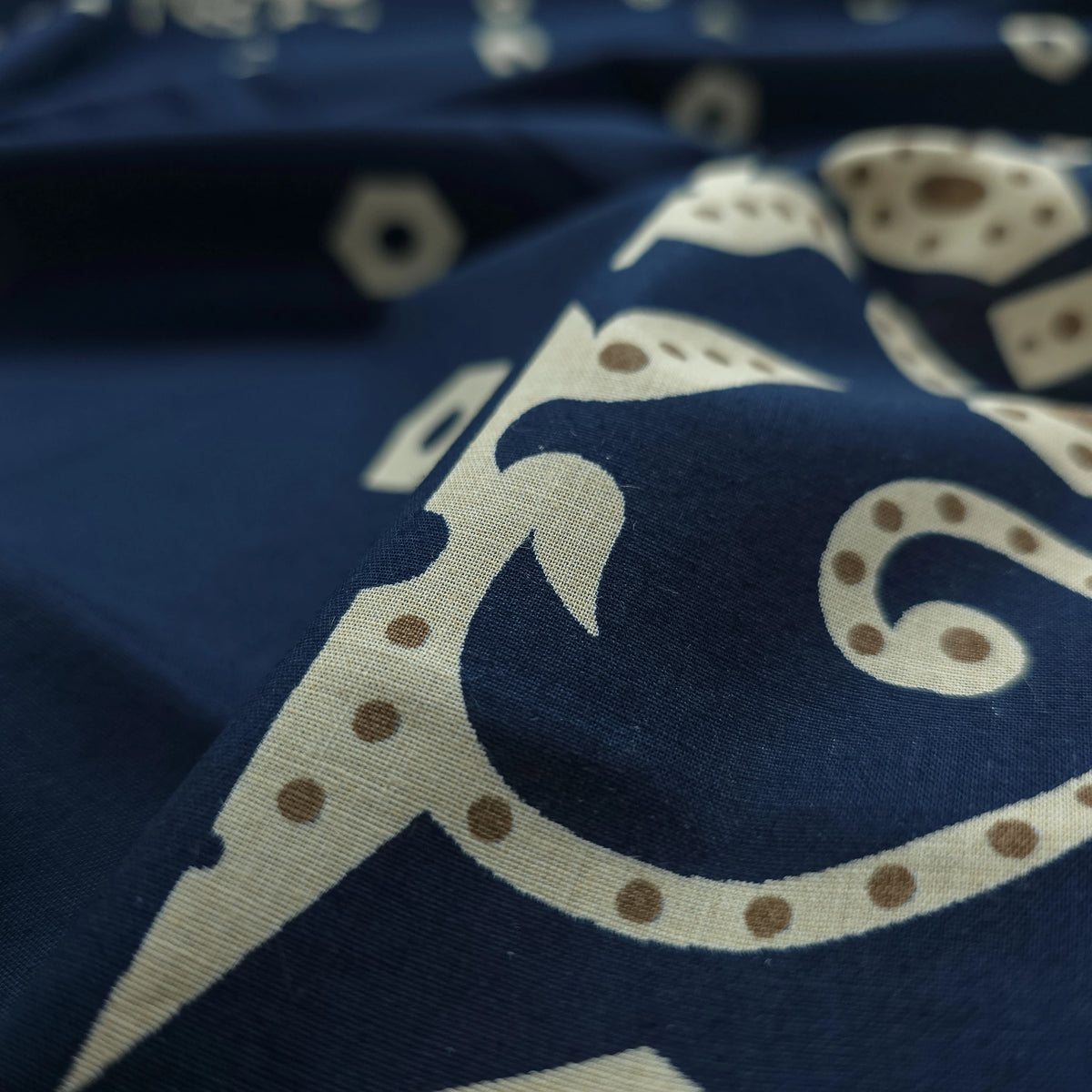 Ornamental Geometric Border Dhabu Cotton Fabric - Navy Blue